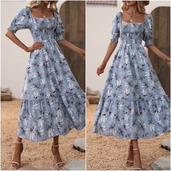 Boho Floral Print Puff Sleeve Ruffle Maxi Dress - Picture 3 of 3